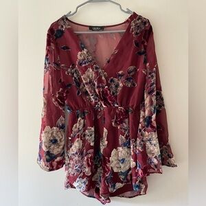 Akira Maroon Floral Long Flare Sleeve Romper